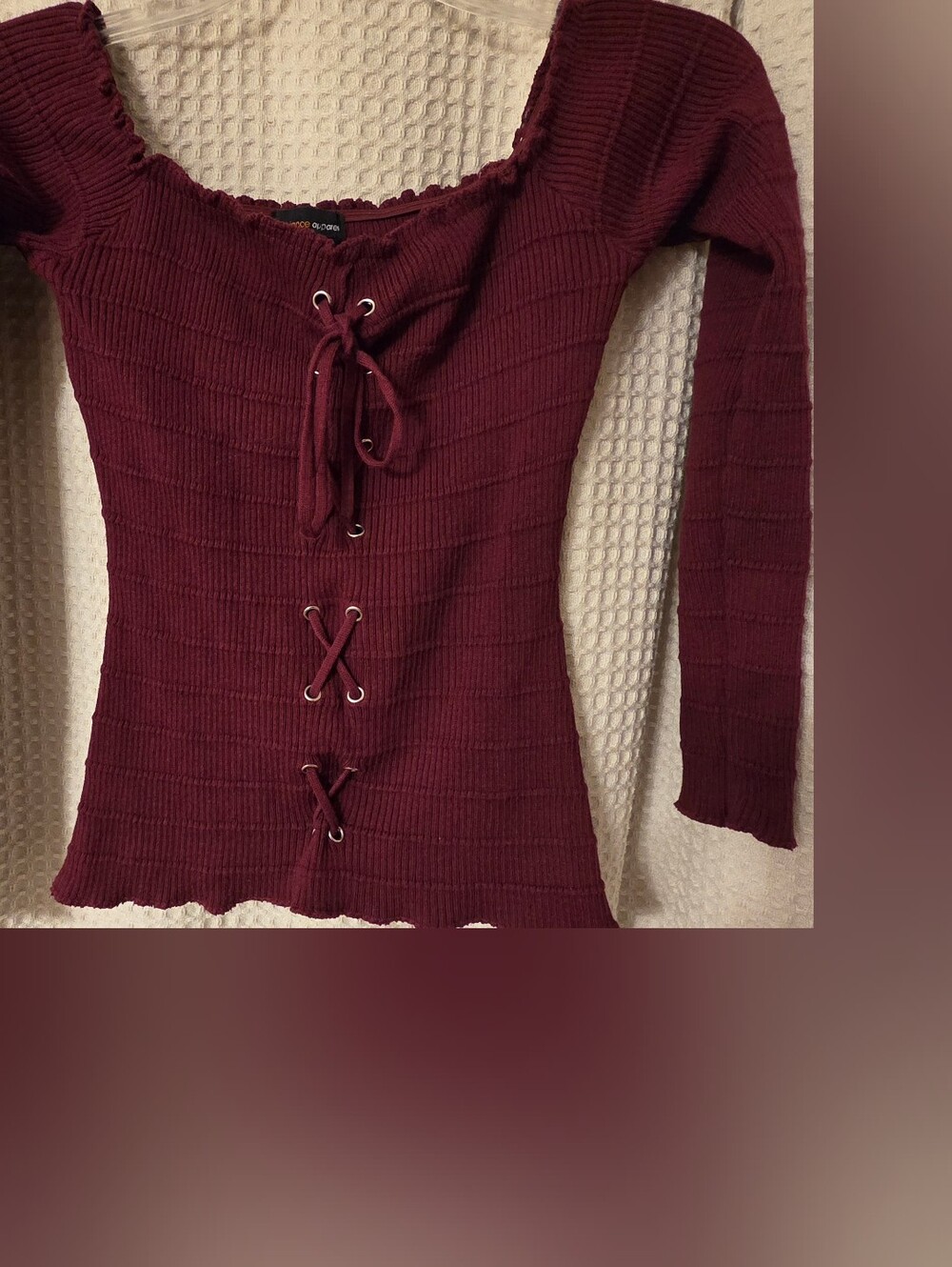Ambiance Apparel Maroon Burgundy Lace Up Ribbed Long Sleeve Top Size M